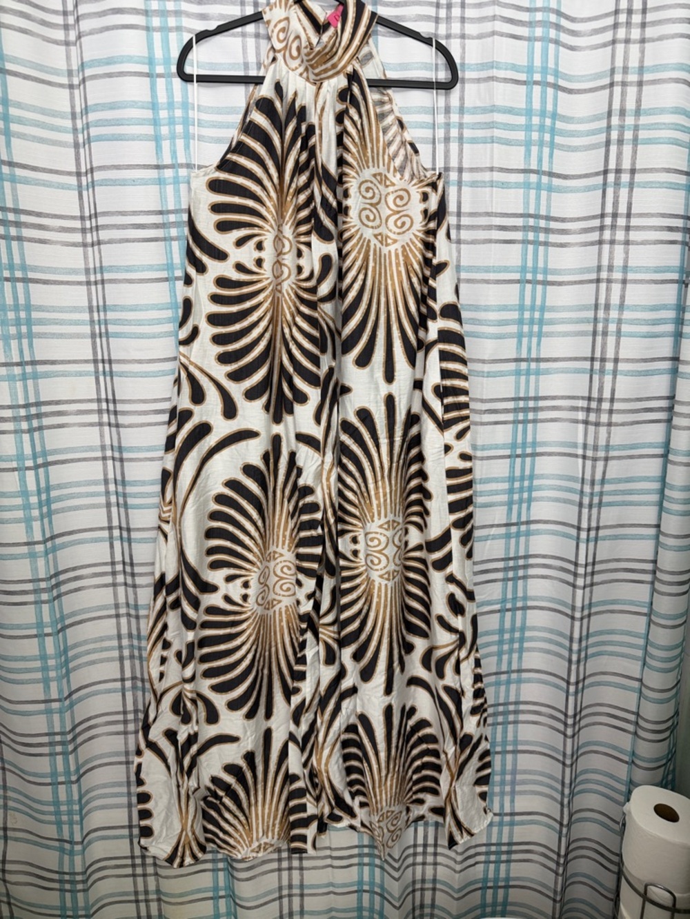 HalterJumpsuit in Ivory with Black & Gold Sunburst Print